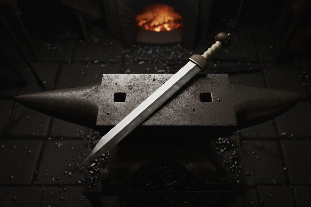 Gladius sword angled on anvil dark forge top-down